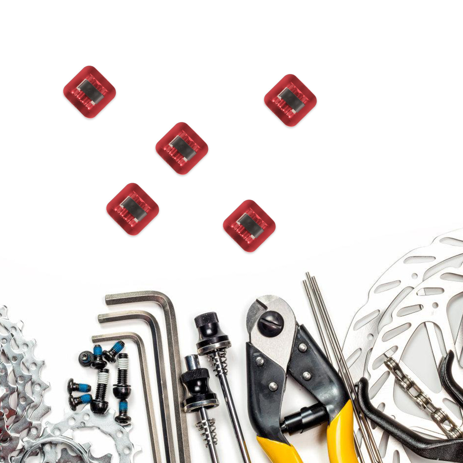 Cycling Gear Guide - ชุดอุปกรณ์นำสายเบรกจักรยานอะลูมิเนียม 5 ชุด พร้อมคลิปพลาสติกสีแดงแบบติดเอง สำหรับจัดระเบียบสายเบรกและสายเกียร์จักรยาน