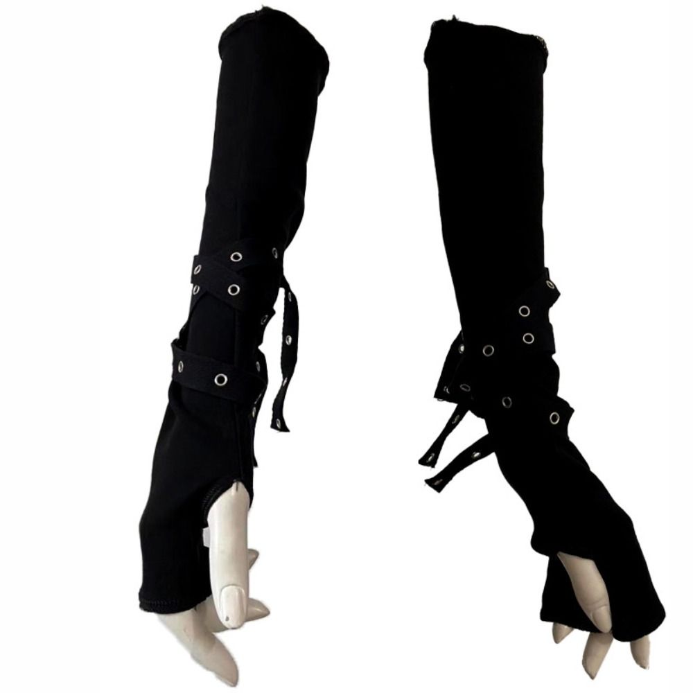 Cycling Arm Warmers - ปลอกแขนกันแดดแบบครึ่งนิ้ว สไตล์โกธิค ดีไซน์แบบมีหัวเข็มขัด สำหรับทุกเพศ สีดำเท่ ป้องกันแสงแดด