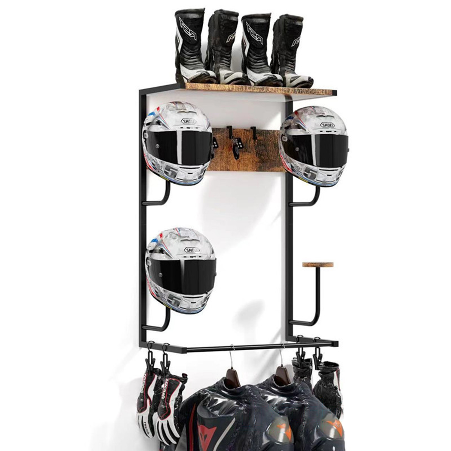 Cycling Gear Wall Mount - ที่วางหมวกกันน็อครถจักรยานยนต์,ชั้นวางติดผนังพร้อมชิปและตะขอถุงมือ 4 ชิ้น, หมวกกันน็อคจักรยานออแกไนเซอร์จัดเก็บสําหรับหมวกกันน็อคเกียร์เสื้อผ้า