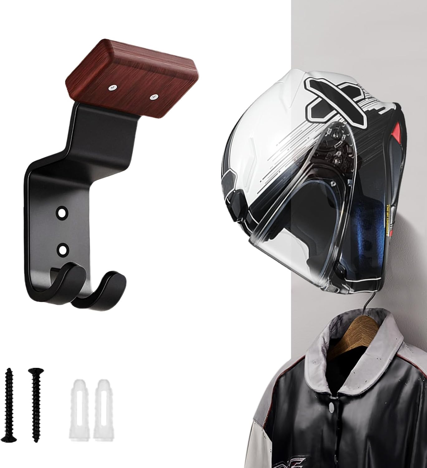 Cycling Gear Wall Mount - ที่แขวนหมวกกันน็อคมอเตอร์ไซค์แบบติดผนัง, ที่แขวนหมวกกันน็อคแบบหนาพิเศษพร้อมตะขอเกี่ยวสำหรับจักรยาน, ฟุตบอล, อุปกรณ์สกี และเสื้อแจ็คเก็ต